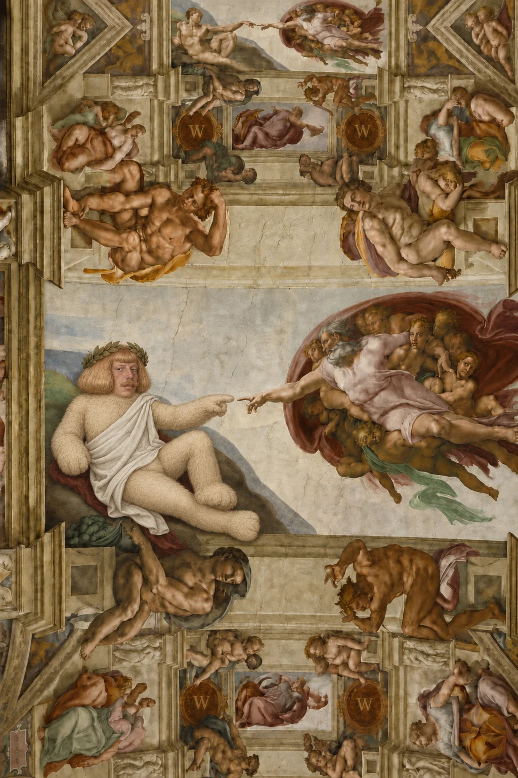 Renaissance ceiling fresco with Jeanrippa and a divine figure reaching toward one another