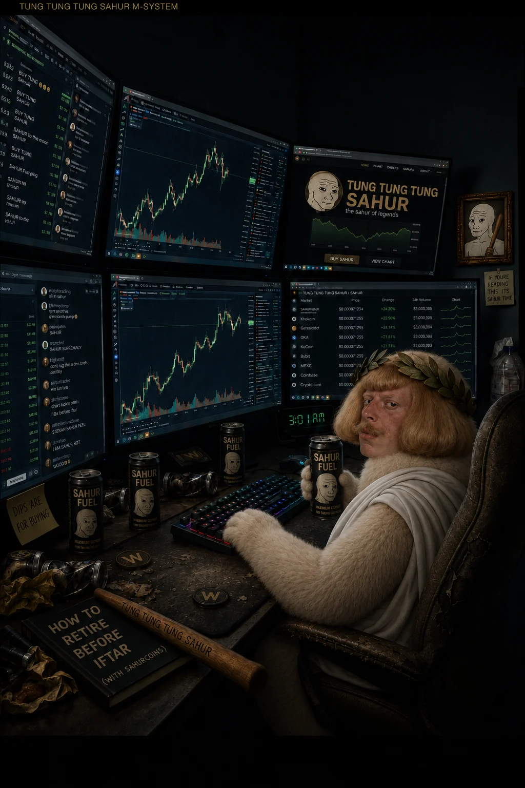 Jeanrippa at a trading desk surrounded by candlestick charts and Sahur memorabilia