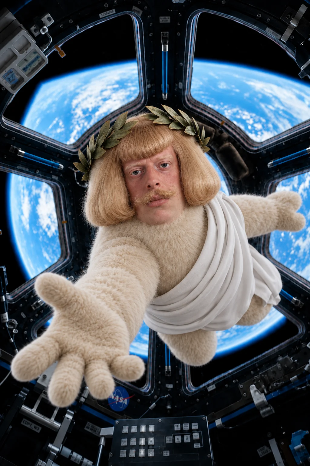 Jeanrippa floating in a spacecraft cupola with Earth visible through the windows