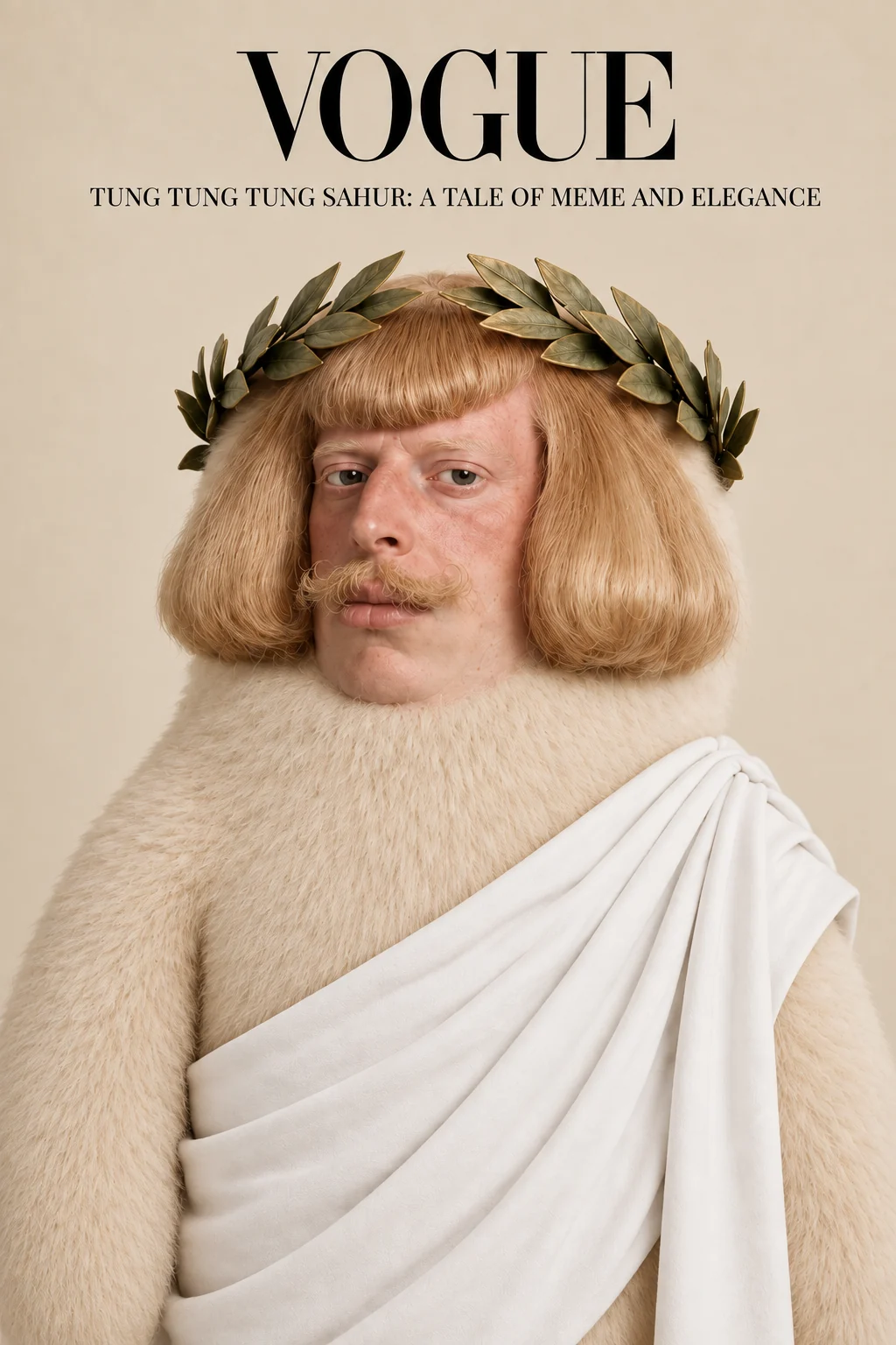 Vogue-style Jeanrippa editorial cover with the laurel crown and toga